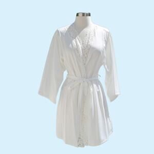 Natori Women's Bridal Ivory White Short Satin Robe Lace Trim Size S